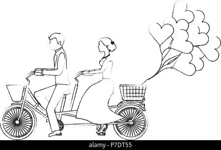 Braut und Bräutigam auf Tandem bicycle Wedding Day Vektor-illustration Skizze Stock Vektor