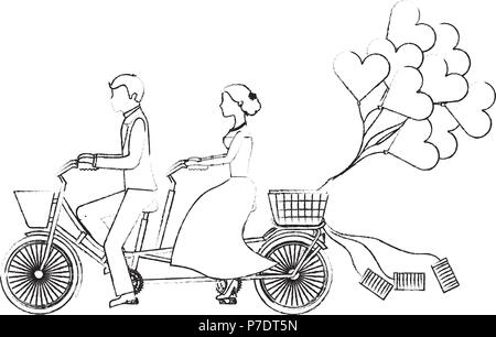 Braut und Bräutigam auf Tandem bicycle Wedding Day Vektor-illustration Skizze Stock Vektor