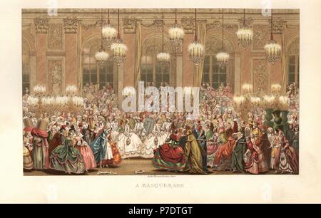 Maskerade Partei in einem großen verspiegelten Ballsaal oder Galerie des Glaces, 18. Chromolithograph nach Charles Nicholas Cochin von Paul Lacroix' des achtzehnten Jahrhunderts: ihre Institutionen, Sitten und Trachten, London, 1876. Stockfoto