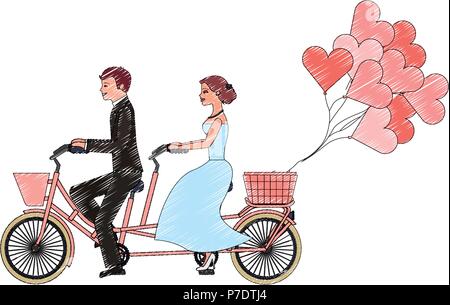 Braut und Bräutigam auf Tandem bicycle Wedding Day Vector Illustration Zeichnung Stock Vektor