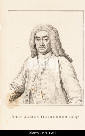 John James Heidegger, Schweizer Gentleman, der Intendant des Opernhauses und Meister der schwelgt in London unter König George II. Kupferstich von John Caulfields Porträts, Memoiren und Zeichen der bemerkenswerte Personen, Young, London, 1819. Stockfoto