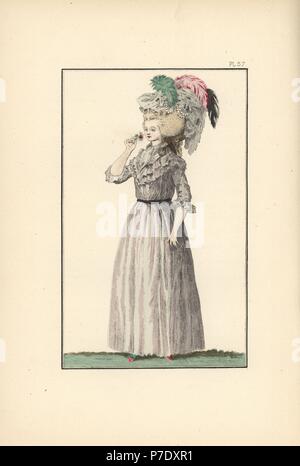 Frau in Leinen gaze Motorhaube mit Perlen dekoriert, Musselin shirt-Kleid mit schwarzen Gurt über eine rosa Taft Korsett und Petticoat. Papierkörbe Lithographie von Moden und Gebräuche der Marie Antoinette und ihre Zeiten, die von Le Comte de Reiset, Paris, 1885. Das Journal der Madame Eloffe, Schneiderin und Bettwäsche - Kaufmann der Königin und Damen des Hofes. Stockfoto