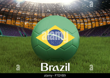 Brasilien Fußball Team Ball auf große Stadion Hintergrund. Brasilien Team Wettbewerb Konzept. Brasilien Flagge auf ball Team Turnier in Russland. Sport Wettbewerb Stockfoto