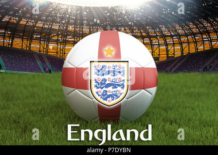 England Fußball Team Ball auf große Stadion Hintergrund mit England Team Logo Wettbewerb Konzept. England Flagge auf ball Team Turnier in Russland. Sport Stockfoto