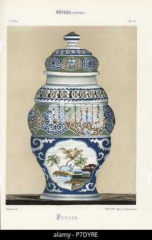 Potiche oder Vase mit Deckel von Nevers, Frankreich, mit orientalischen Landschaft und Laub Muster. Handgefertigte Farblitho von Ris Paquots allgemeine Geschichte der alten französischen und ausländischen glasierte Keramik, Chez l'Auteur, Paris, 1874. Stockfoto