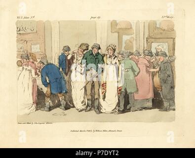 Modische Besucher angewidert eine Galerie mit dem hoi polloi gefüllt und riff-Raff zu finden. Papierkörbe Kupferplatte gezeichnet und von John Augustus Atkinson von Abbildungen von dem Elend der menschlichen Lebens geätzt, William Miller, London, 1807. Stockfoto