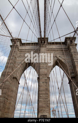 Brooklyn Bridge von unten und in einer kurzen fotografischen Aufnahme gesehen Stockfoto
