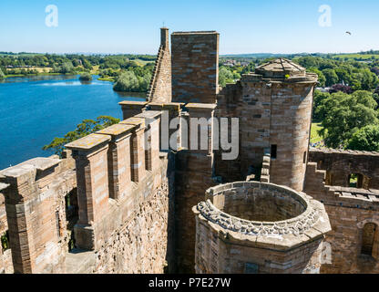 Blick auf loch von der Turmspitze des Ruinen Linlithgow Palace, West Lothian, Schottland, Großbritannien an sonnigen Tagen mit blauem Himmel Stockfoto