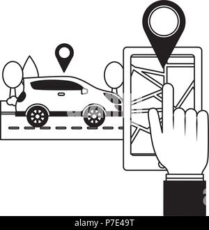 Hand GPS-Position auf dem Smartphone Auto app Vector Illustration Stock Vektor