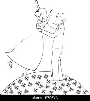 Braut und Bräutigam feiern Hochzeit im Bereich blumen Vektor-illustration Skizze Stock Vektor