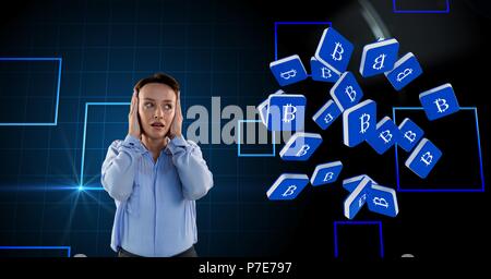 Frau mit bitcoin Symbole Stockfoto