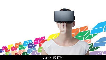 Frau mit Virtual reality Headset mit bunten geometrischen Muster Stockfoto