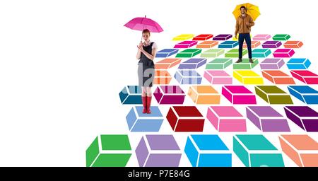 Frau und Mann zu Fuß auf bunte geometrische Muster mit Sonnenschirmen Stockfoto