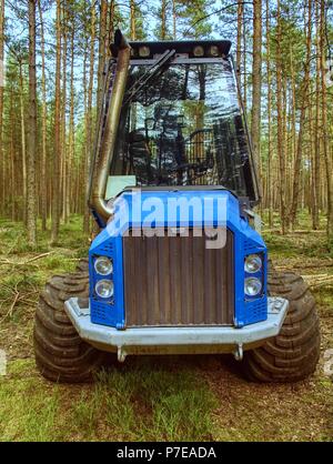 Im Wald, 22. März 2014. Lkw-Arbeit in jungen Pinienwald. Geschickte drei Achsen Holz Harvester. Wald schneiden mit besonderen Truck. Stockfoto