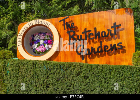 Schild am Eingang zu den Butchart Gardens in Victoria, British Columbia, Kanada. Stockfoto