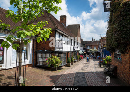 Geschäfte und Cafés in Löwe und Lamm Yard, Farnham, Surrey. England, Großbritannien Stockfoto