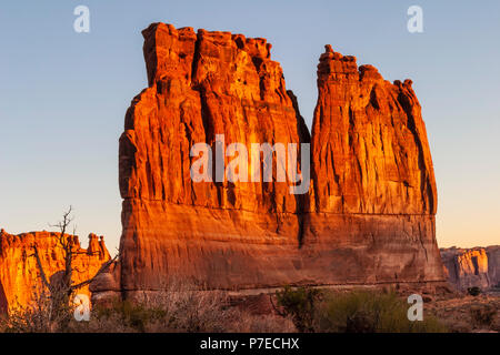 Sonnenaufgang bei der Orgelformation im Arches National Park, Utah. Arches National Park enthält die weltweit größte Konzentration von Natursteinbögen. Stockfoto