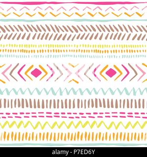 Hand bunte tribal Linien und Streifen auf weißem Hintergrund dargestellt. Vektor nahtlose Muster. Frisch und süß Doodle geometrischen Zeichnung. Sommer drucken. Stock Vektor