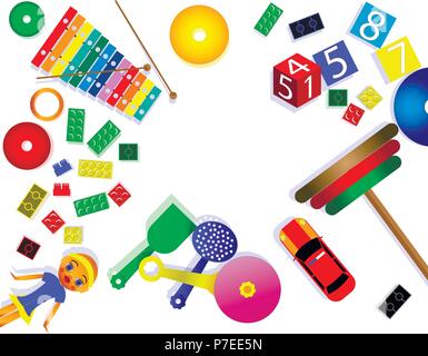 Kinder Spielzeug Welt mit verstreuten Spielsachen auf weißem Hintergrund Stock Vektor