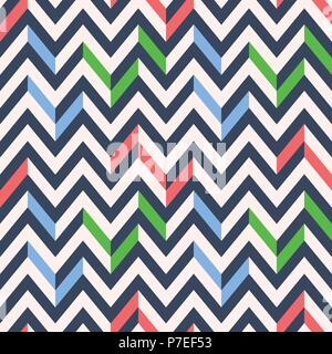 Retro Mod Stil Vektor nahtlose Chevron Muster in Rot, Grün und Blau auf Creme Hintergrund. Stilvolle, geometrisch abstrakte Grafik Dreieck Drucken Stock Vektor