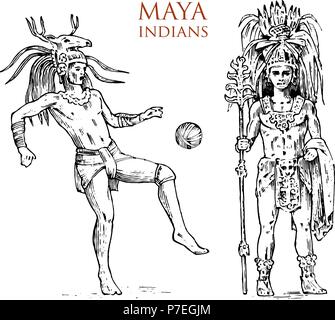 Maya Vintage Style. Aztekischen Kultur. Porträt eines Mannes, Tracht und Dekoration auf den Kopf. Native Stamm, alte Schwarzweiß-Mexiko. graviert Hand gezeichnet alte Skizze. Krieger für Label. Stock Vektor