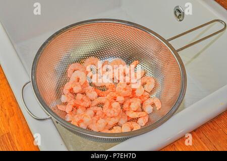 Gekochte und geschälte Garnelen im Sieb. Food-fotografie. Gesunde Ernährung Stockfoto