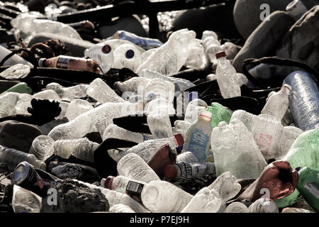 Leer single use Kunststoff Trinkflaschen auf Felsen in Hout Bay, Kapstadt, Südafrika Stockfoto