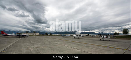 Elmendorf Aero Club der Allgemeinen Luftfahrt und in Privatbesitz befindlichen Flugzeuge sind in Mietbare Räume in der Nähe von Hangar der Clubs am Joint Base Elmendorf-Richardson, Alaska, 28. Juni 2018 abgestellt. Der Verein hat mehr als 15 Mietbare Räume außerhalb zur Verfügung und fünf innen für persönliche Flugzeug storage. (U.S. Air Force Foto von Airman 1st Class Crystal A. Jenkins) Stockfoto