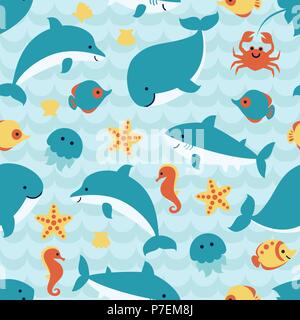 Nahtlose Muster mit niedliche Meerestiere auf blaue Welle Hintergrund. Stock Vektor