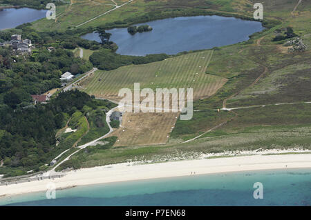 Luftaufnahme der Heliport auf der Insel Tresco in den Scilly Isles - Großbritannien Stockfoto