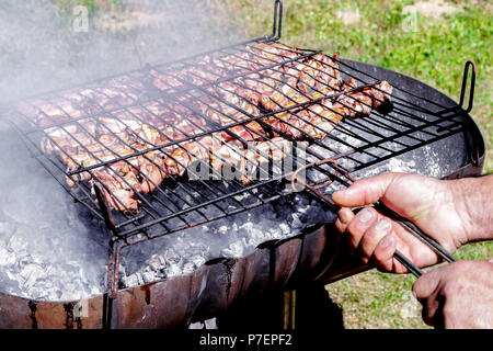 Mann, Grill und dem Mittagessen in der Natur im Sommer. Stockfoto