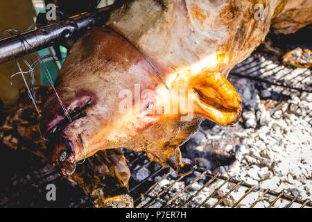 Nahaufnahme von schweinebraten traditionellen auf Kohle und Feuer. Stockfoto