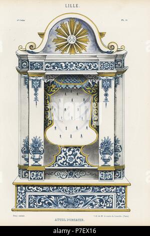 Tragbarer Altar in bemalte Keramik aus Lille. Handgefertigte Farblitho von Ris Paquots allgemeine Geschichte der alten französischen und ausländischen glasierte Keramik, Chez l'Auteur, Paris, 1874. Stockfoto