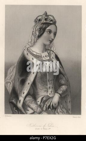 Katherine von Valois, Königin von König Heinrich V. von England. Stahlstich von Franz Holl nach einem Portrait von A. Bouvier von Mary Howitt Biographische Skizzen der Königinnen von England, Tugend, London, 1868. Stockfoto