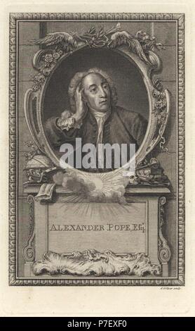 Portrait von Alexander Pope, aus dem 18. Jahrhundert englischer Dichter und Satiriker. Kupferstich von Joshua Collyer nach einem Gemälde von Jean-Baptiste Van Loo aus der Kupferplatte Magazin oder monatliche Schatz, G. Kearsley, London, 1778. Stockfoto