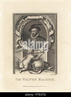 Portrait von Sir Walter Raleigh, 1554-1618, englischer Aristokrat, Schriftsteller, Dichter, Soldat, Politiker, Höfling, Spion und Explorer. In oval, mit Putto und Buch, Globus eingerichtet, Anker, ax und abgetrennten Kopf. Kupferstich von William Sharp von der Kupferplatte Magazin oder monatliche Schatz, G. Kearsley, London, 1778. Stockfoto