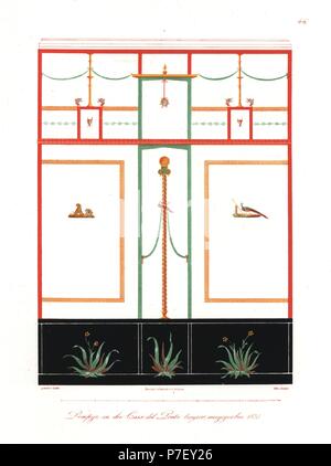 Trompe l ' oeil Wandmalerei mit Vignetten, Sockelleisten, Gesims, Spalte und Maske aus dem Hause des tragischen Dichters, Casa del Poeta Tragico, Pompeji ausgegraben 1828. Handkoloriert Lithographie von Berth nach einer Illustration von Wilhelm Zahn aus seinem Ornament von allen klassischen Kunstepochen, Ornamente Aller Tatsache Kunst-Epochen, Reimer, Berlin, 1834. Stockfoto