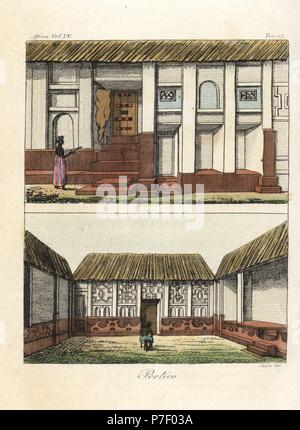 Eingang und Innenhöfe in Häusern in Kumasi, Königreich der Ashanti (Ghana), Anfang des 19. Jahrhunderts. Papierkörbe Kupferstich von Antonio Sasso von Giulio Ferrario von Antike und Moderne Kostüme aller Völker der Welt, Florenz, Italien, 1843. Stockfoto