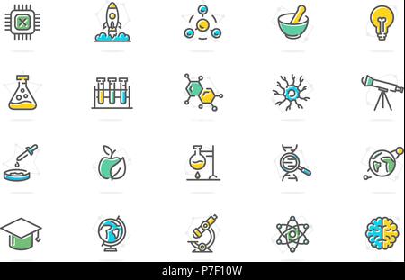 Der Vektor Wissenschaft und Forschung farbige Linie Symbole. Chip, Rakete, Atom, Ion, Lampe, Rohr, Birne, Neuron, Gehirn, DNA, Moleküle, Lab, Raum, Mikroskop, Teleskop und vieles mehr. Stock Vektor