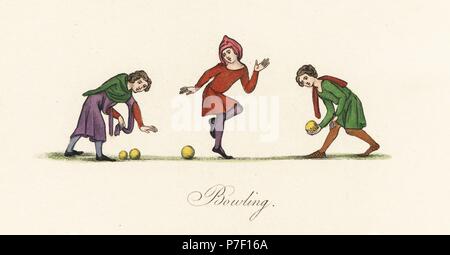 Mittelalterliche Bowling. Drei Männer spielen Boule mit einer Buchse, 14. Papierkörbe Lithographie von Joseph Strutt aus seinem eigenen Sport- und Freizeitvergnügen der Menschen in England, Chatto und Windus, London, 1876. Stockfoto