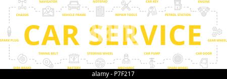 Satz von Vector Auto Service und Auto Reparatur dünne Linie Banner für Design Konzept. Abbildung für Präsentationen auf weißem Hintergrund Stock Vektor