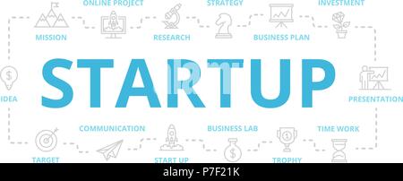 Der Vektor startup und die dünne Linie Banner für Design Konzept. Abbildung für Präsentationen auf weißem Hintergrund Stock Vektor