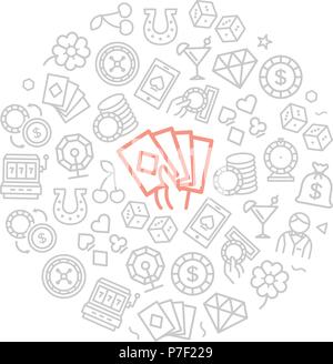 Der Vektor Glücksspiel und casino Symbole im Kreis Design Konzept. Abbildung für Präsentationen auf weißem Hintergrund Stock Vektor