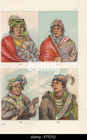 Seminole Nation: Chiefs Ye-so-lo-gee, Cloud-299, Ee-Matte-la, König Philip 300, Co-Ee-ha-Jo 301 und Krieger La-Shee, Licker oder Creek Billy 302. Handkoloriert Lithographie von George Catlins Sitten, Bräuche und Zustand der nordamerikanischen Indianer, London, 1841. Stockfoto