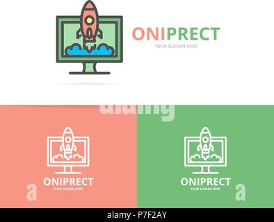 Einfache Rakete mit computer monitor Logo Vorlage. Symbol und Zeichen Vector Illustration Stock Vektor