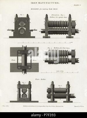 Walzen für die bar Bügeleisen: flach, quadratisch und Platte Eisen. Kupferstich von Wilson Lowry nach einer Zeichnung von John Farey von Abraham Rees Cyclopedia oder Universal Wörterbuch der Künste, der Wissenschaften und der Literatur, Longman, Hurst, Rees, Orme und Brown, London, 1812. Stockfoto