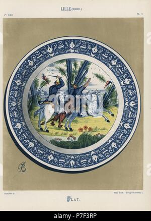 Keramikplatte aus Nord Lille, dekoriert mit einer Jagdszene. Handgefertigte Farblitho von Ris Paquots allgemeine Geschichte der alten französischen und ausländischen glasierte Keramik, Chez l'Auteur, Paris, 1874. Stockfoto