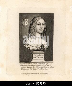 Frau Elinor oder Eleanor Tempel, Frau von Sir Peter Temple, Büste mit Wappen, 1658. Kupferstich nach einem Portrait von Richard Gaywood aus BIOGRAPHISCHEN Geschichte William Richardson's Porträts illustrieren Grangers von England, London, 1792 - 1812. James Granger (1723-1776) war ein englischer Pfarrer, Biograf und Drucken Sammler. Stockfoto