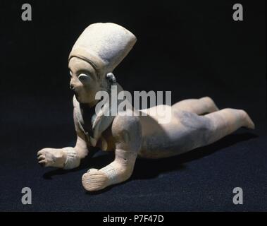 Präkolumbische Kunst. Die alten Jama-Coaque-Kultur. Nördliche Küste von Ecuador. 500 v. Chr. - 500 n. Chr. 'Chone Typ'. Weibliche Figur gestreckt. Privatsammlung. Stockfoto