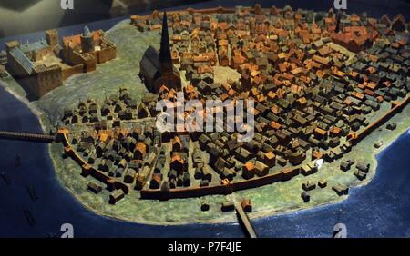 Modell der Stadt von Stockholm im späten Mittelalter. Von Trygve Jerneman, 1962. Maßstab 1: 500. Mittelalterlichen Museum. Stockholm. Schweden. Stockfoto